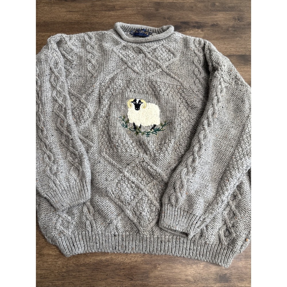 Vintage Acorn Sweater Women Pure Wool Sheep Ram Fisherman Cable Knit Roll Neck M